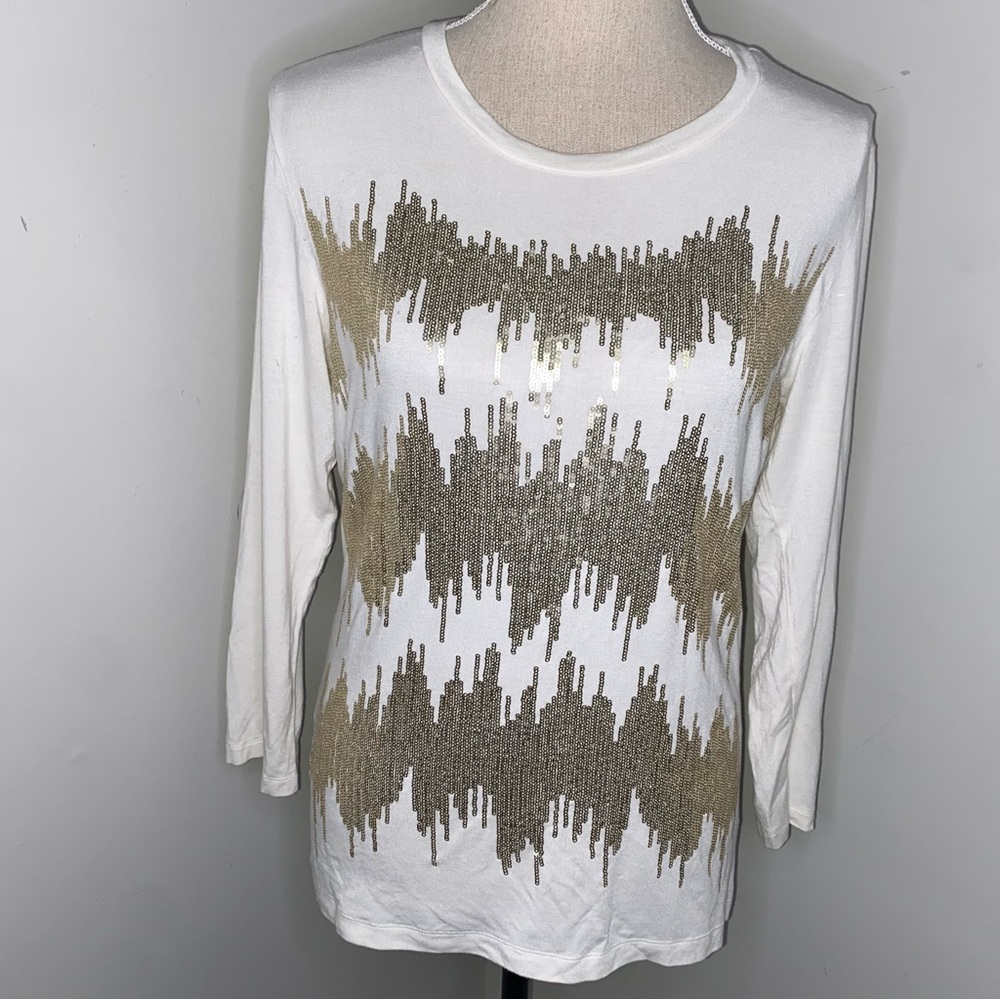 Ann Trinity cream ivory & gold sequin stretch modal 3/4 sleeve shirt size Medium